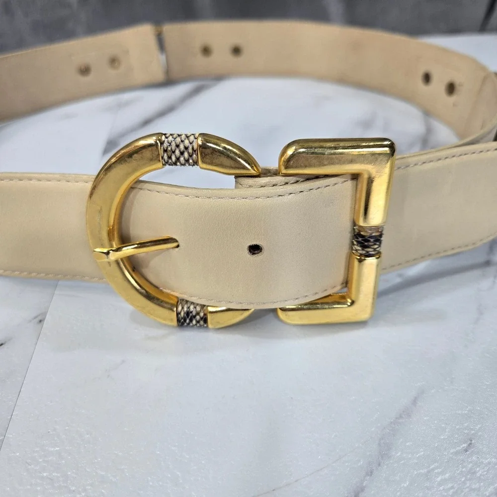Vtg Avignon Leather Belt M Cream Snakeskin Print Gold Studs Western Cowboy Boho